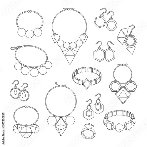 Geometric jewelry collection vector icons, minimalist line art necklaces and earrings set, modern fashion accessories and diamond ring sketches