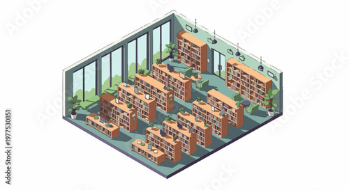 Modern Isometric Library Interior Illustration with Bookshelves, Computers, and Plants. Minimalist Education and Coworking Workspace Design.
