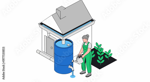 Isometric Illustration of Rainwater Harvesting with Woman Watering Plants from a Rain Barrel for Sustainable Gardening