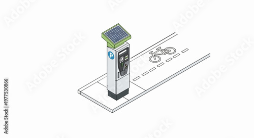 Solar Powered Parking Meter and Bicycle Lane Isometric Vector Illustration for Sustainable Urban Infrastructure and Smart City Technology