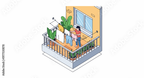 Isometric Illustration of a Woman Hanging Laundry on a Sunny Apartment Balcony with Potted Plants