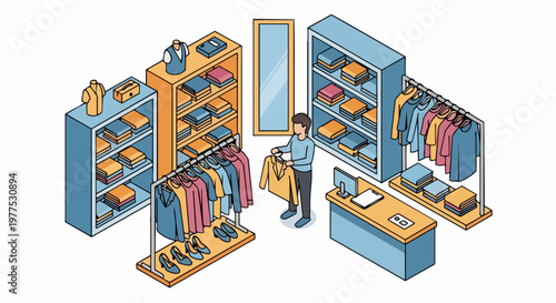Isometric Clothing Store Interior Illustration with Man Shopping. Fashion Retail Boutique with Garment Racks, Shelves, Folded Clothes, and Checkout Counter. Vector Design.