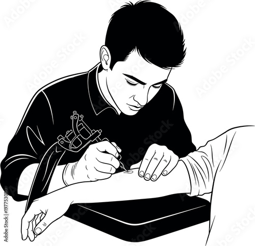 Intricate tattoo application a black and white sketch of a tattoo artist at work