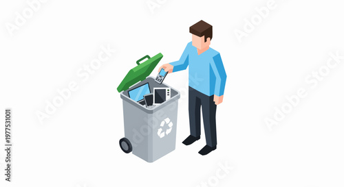 Isometric Man Recycling Electronic Waste in Recycle Bin Illustration. Laptop, Smartphone, and Gadgets E-waste Disposal and Sustainability Concept.