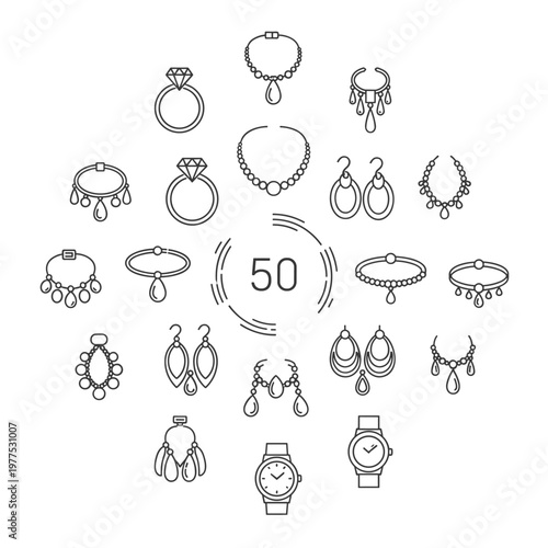 Minimalist jewelry icons set, 50 thin line vector elements featuring diamond rings, necklaces, earrings and watches for fashion retail and web design