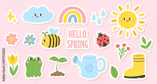 Collection of cute spring stickers. Vector illustration 