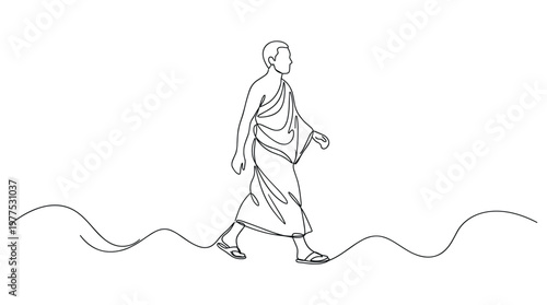 Man in traditional robe walking on wavy path simple line drawing