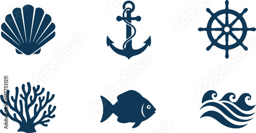 Set of nautical icons including seashell, anchor, ship wheel, coral, fish, waves