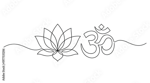Elegant lotus flower and Om symbol line art representing spirituality peace and meditation yoga and mindfulness
