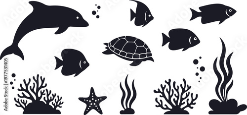 Set of marine animals and plants silhouettes isolated on white background