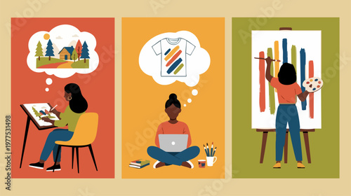 Creative female artist vector set, black woman illustrator working on digital tablet and canvas, graphic designer thinking of apparel concepts