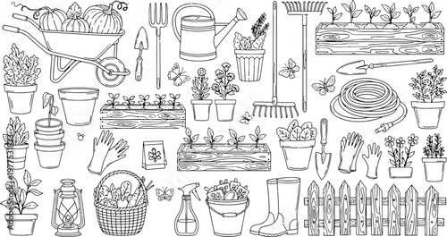 Hand drawn garden tools and spring planting elements with wheelbarrow watering can wooden crates flowers plants and backyard equipment icon set