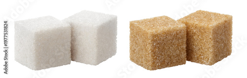 Konstfotografi Set of sugar cubes with white and brown varieties in minimal layout, isolated on