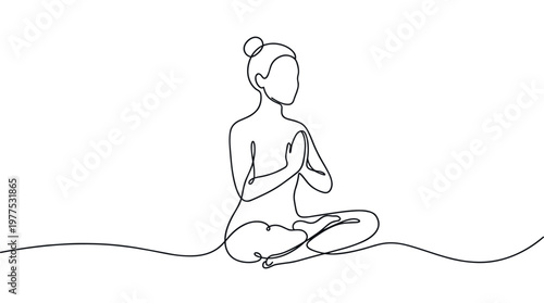 Minimalist single line drawing of a woman meditating in lotus pose with hands in prayer, symbolizing peace and wellness.