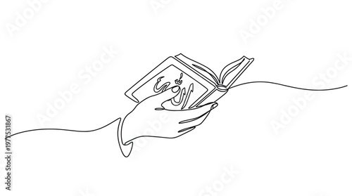 Hand holding open book with Arabic calligraphy illustration continuous line drawing