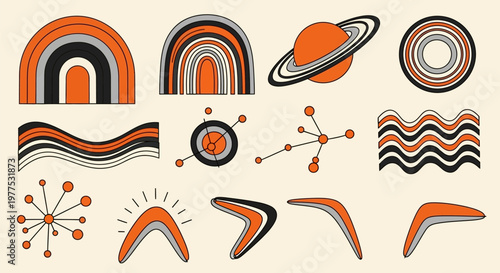 Vibrant abstract shapes and lines in orange, black, and gray on beige background.