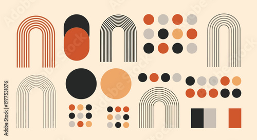 Geometric shapes in orange, black, gray.