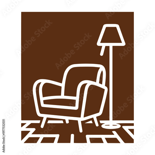 Minimalist line drawing of an armchair and floor lamp in a cozy room setting