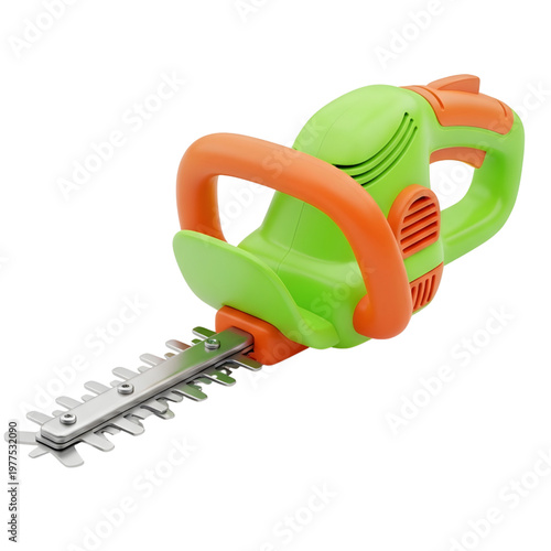 Green Electric Hedge Trimmer with Orange Handles on White Background