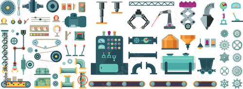 Large collection of industrial machinery parts, factory equipment and conveyor belt elements