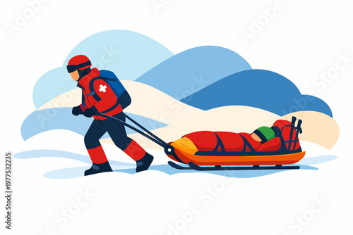 Ski patrol member pulling rescue sled with injured person in snow