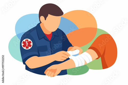 Paramedic Applying First Aid Bandage to Patient Arm Vector Illustration