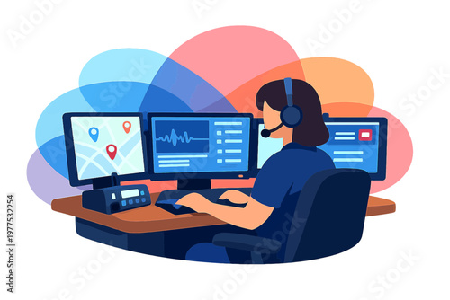 Emergency service dispatcher working at a control center workstation