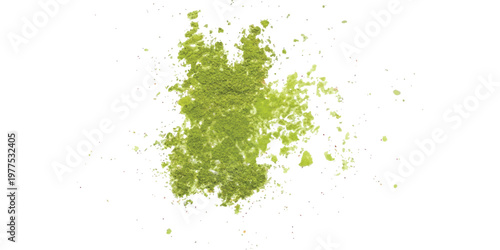 A vibrant heap of fine green matcha powder scattered artistically against a clean white background