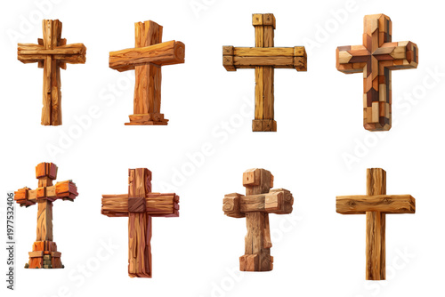 Wooden cross collage isolated on white background, collection of Christian faith and religious symbols, diverse crucifix set for spiritual design