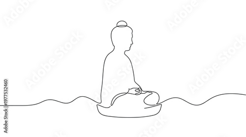 Serene Buddha meditating in lotus pose simple line art illustration peaceful spiritual enlightenment calm mind