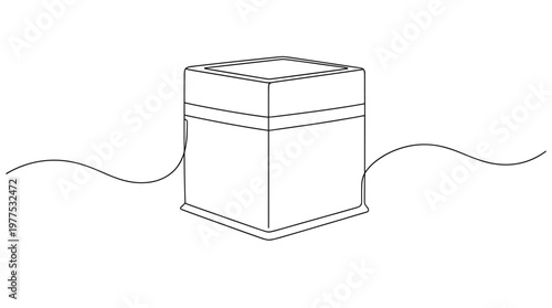 Minimalist line drawing of the Kaaba in Mecca, a cube-shaped building, symbolizing Islamic pilgrimage and faith