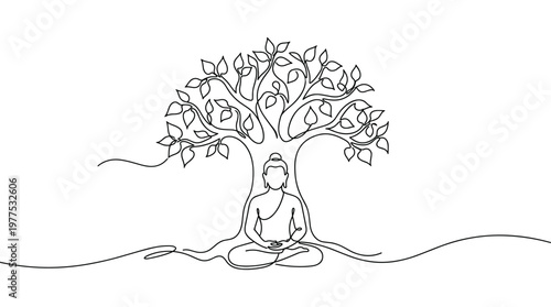 Serene Buddha meditating under a Bodhi tree symbolizing enlightenment and peace in a minimalist line art style
