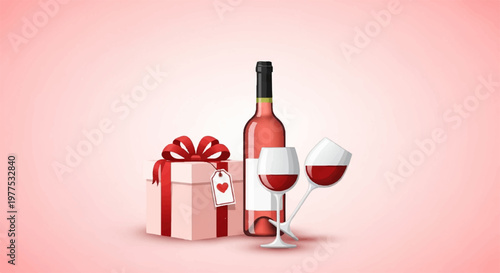 Professional studio shot of pink gift box and wine bottle with two filled glasses on soft blurred background