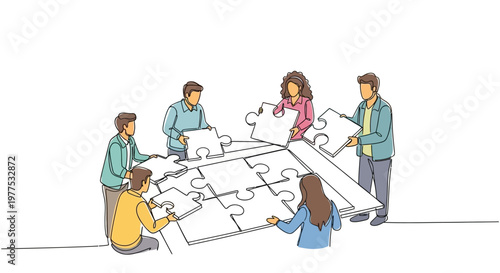 Diverse team working together on jigsaw puzzle.