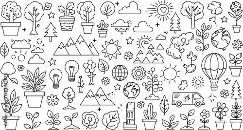 Large collection of nature and environment elements including trees mountains plants sun clouds world globe and eco friendly transportation icons hand-drawn vector illustration doodle art
