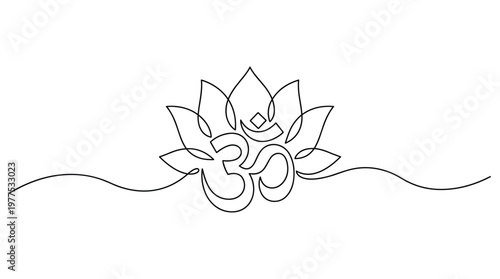 Elegant Om symbol integrated with a delicate lotus flower in a minimalist continuous line art style with a flowing wavy line below symbolizing peace and spirituality