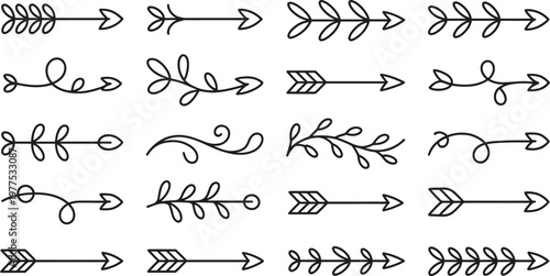 Set of hand drawn arrows with leaves and swirls for design and decoration purposes  various styles