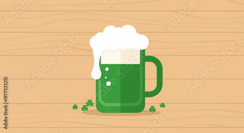 Flat vector illustration of a green beer mug with foam on a wooden background for St Patricks Day graphic design projects
