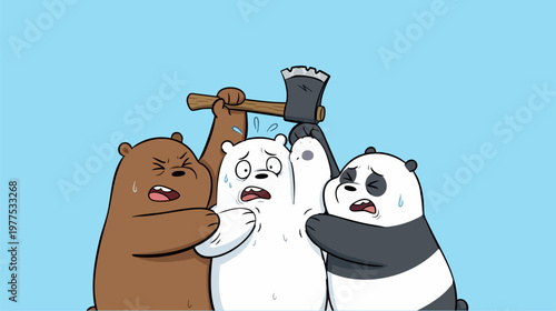 Funny cartoon bears group with axe, grizzly panda and polar bear characters in panic, humorous animal trio vector illustration