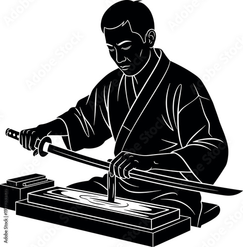 Title black and white illustration of a samurai sharpening his katana with a whetstone embodying discipline and focus