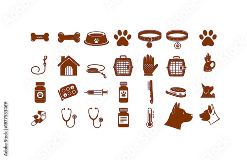Dog and Pet Accessories Icon Set. Black Vector Silhouette Pet Care Elements including Bones, Collars, and Veterinary Supplies.