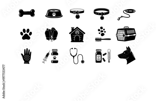 Dog and Pet Accessories Icon Set. Black Vector Silhouette Pet Care Elements including Bones, Collars, and Veterinary Supplies.