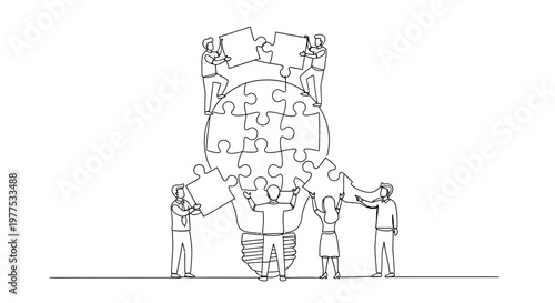 Teamwork and collaboration concept with people building a puzzle.