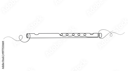 Minimalist line drawing of a flute with swirling musical notes and decorative lines on a white background