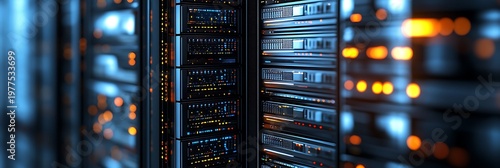 A close-up view of a server room with rows of computer servers and glowing lights