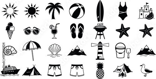 Black and white beach icons on a including sun, palm tree, surfboard, swimsuits, sunglasses, and more summer symbols