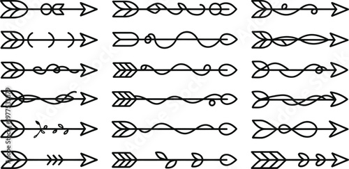 Collection of various handdrawn arrows with decorative elements and swirling lines