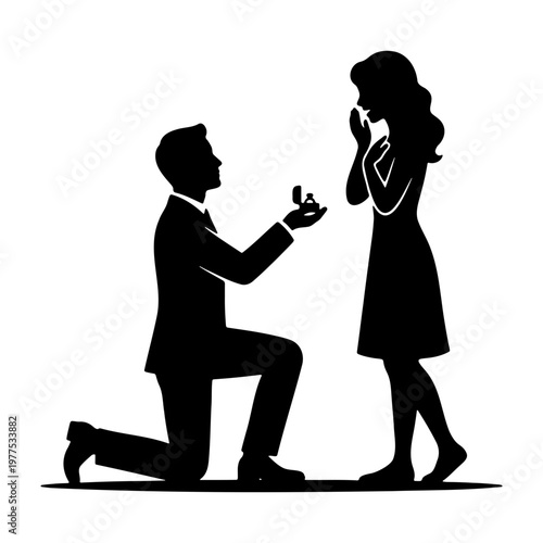 Engagement proposal silhouette vector illustration of man proposing to woman with ring design element