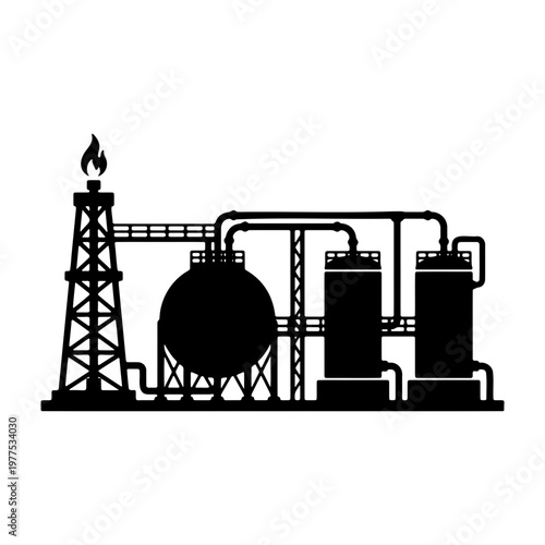 Oil and gas refinery industrial plant silhouette vector illustration for energy industry design