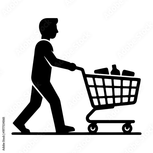 Man pushing shopping cart filled with groceries vector illustration for retail design needs